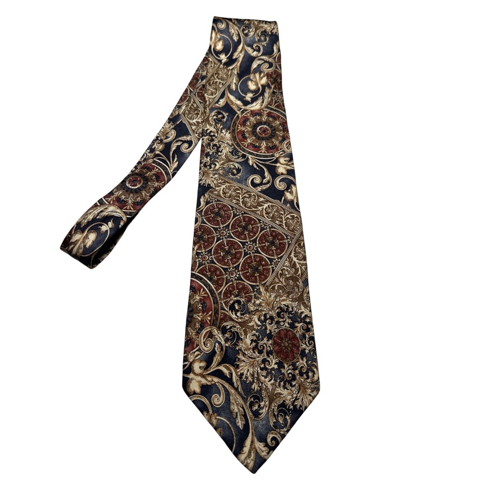 417 by Van Heusen Mens Silk Tie Navy Gold Burgundy Baroque‎ Medallion Paisley
